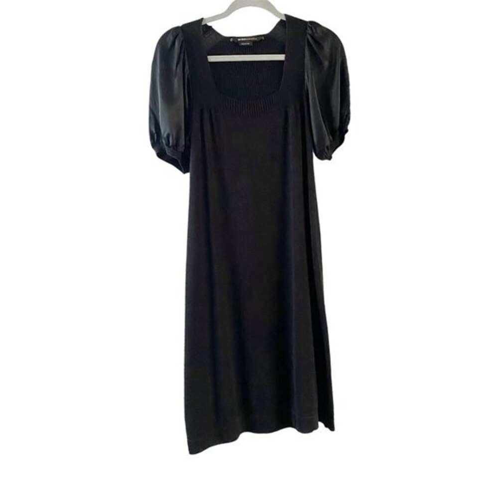 BCBGMaxAzria Black Knit Square Neck Puff Short Sleeve Silk Cashmere Blend Dress